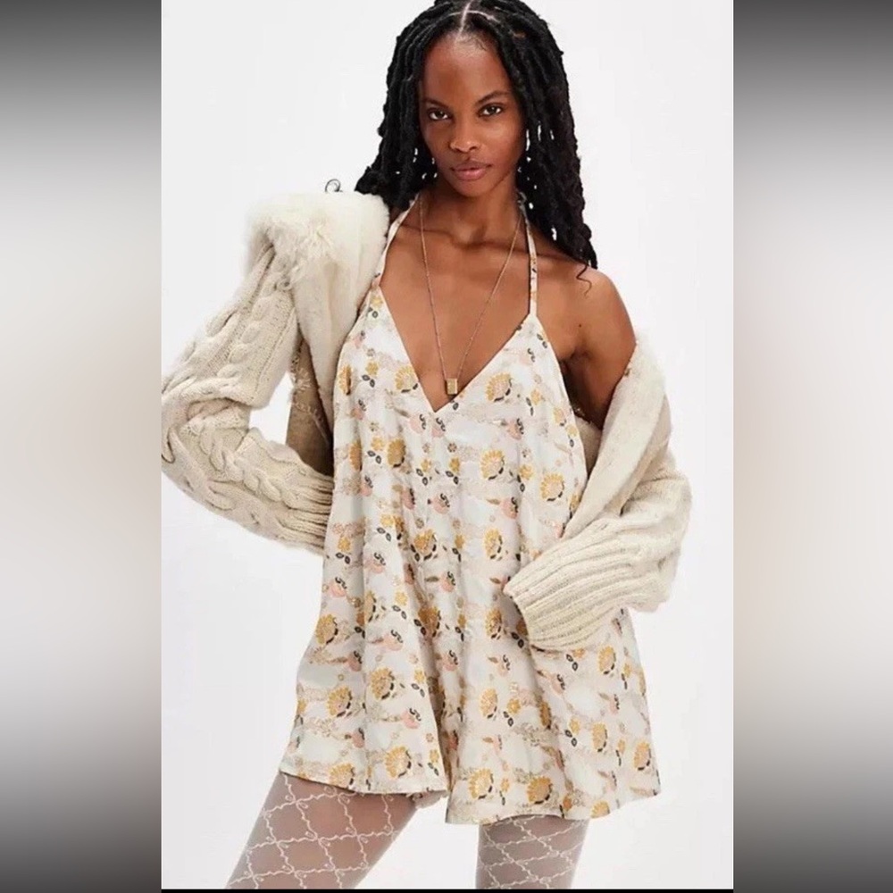 Free People Chiara Playsuit Floral Embroidered Romper Gold Ivory Mustard NWOT M